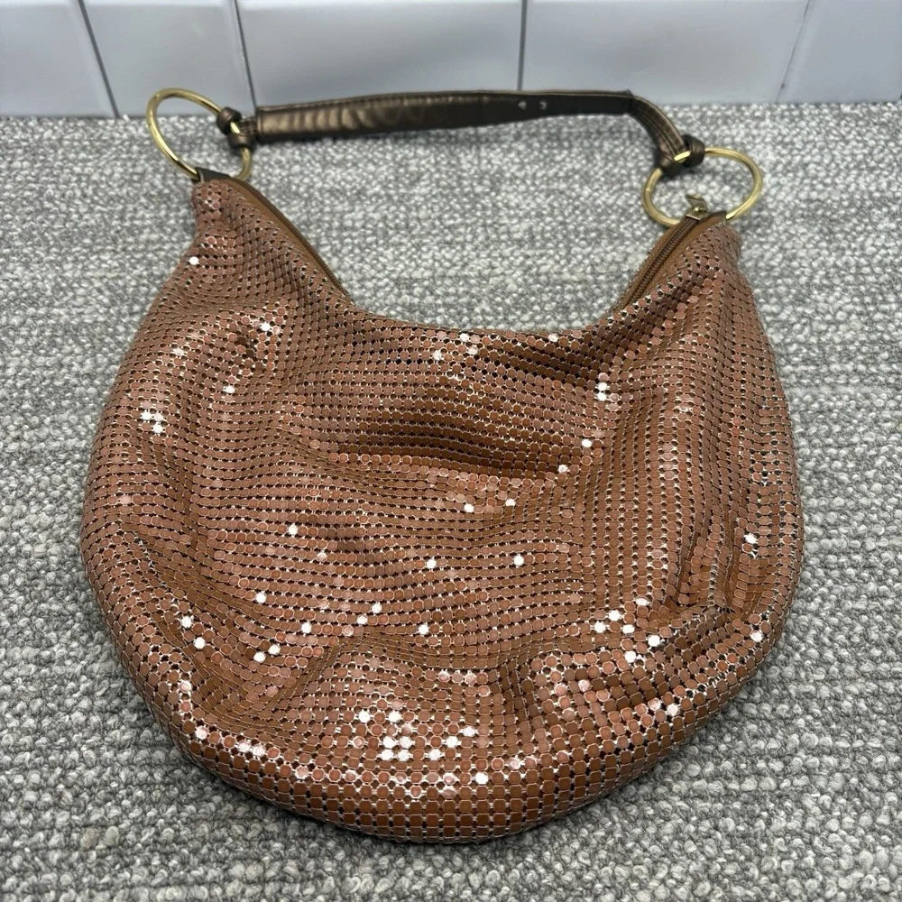 Brown Castle Core Chain Mesh Handbag Purse Zipper Top Hoop Handle Holder Cool H3
